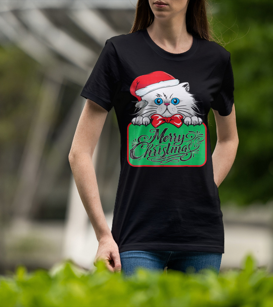 Merry Christmas Cute Cat With Santa Hat And Bow Tie T-Shirt