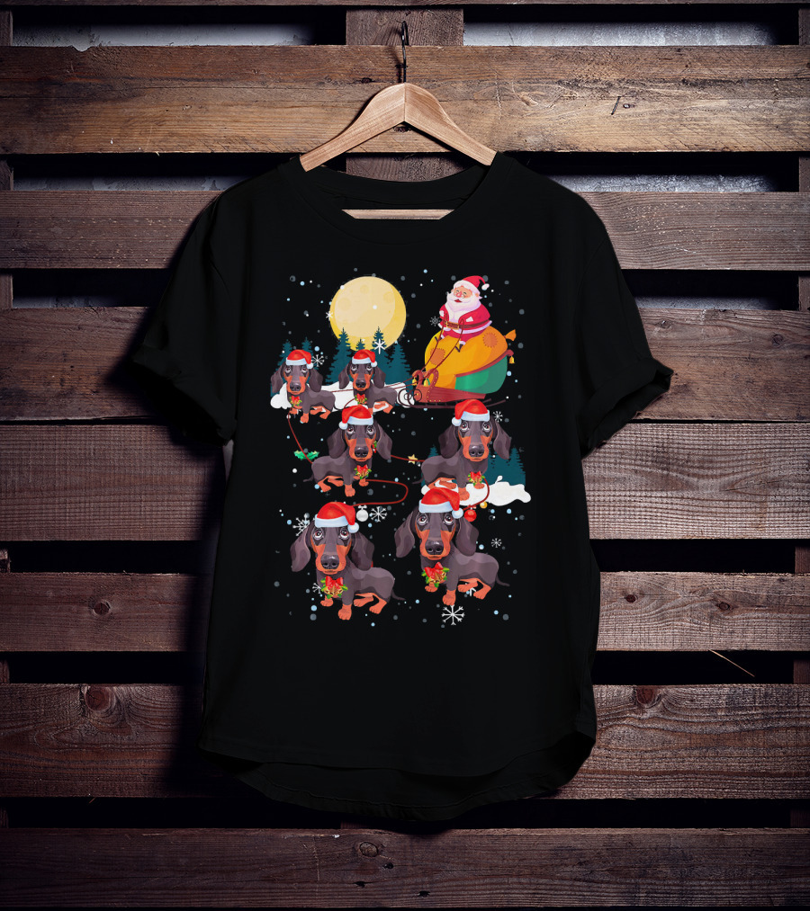 Santa Riding Sleigh With Dachshund Reindeer Under Full Moon T-Shirt