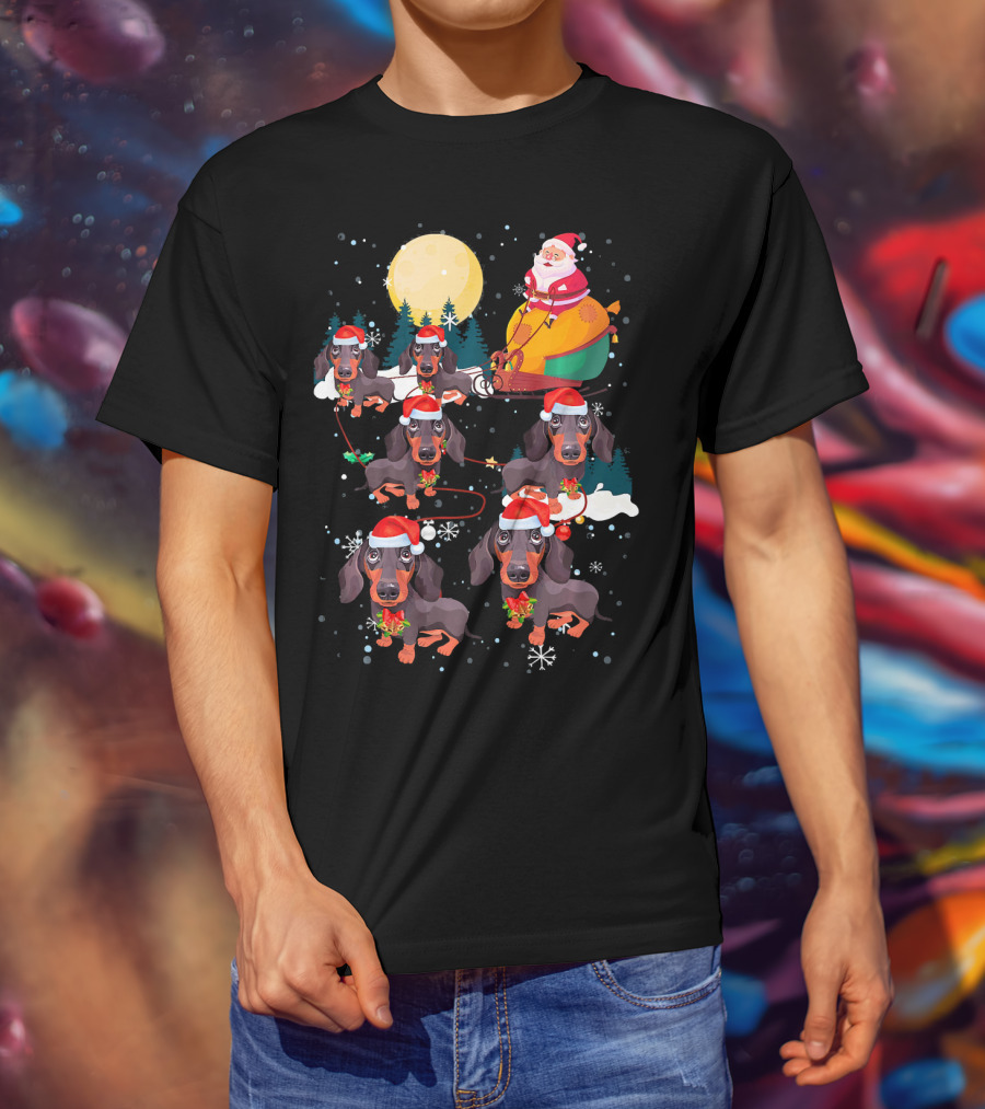 Santa Riding Sleigh With Dachshund Reindeer Under Full Moon T-Shirt