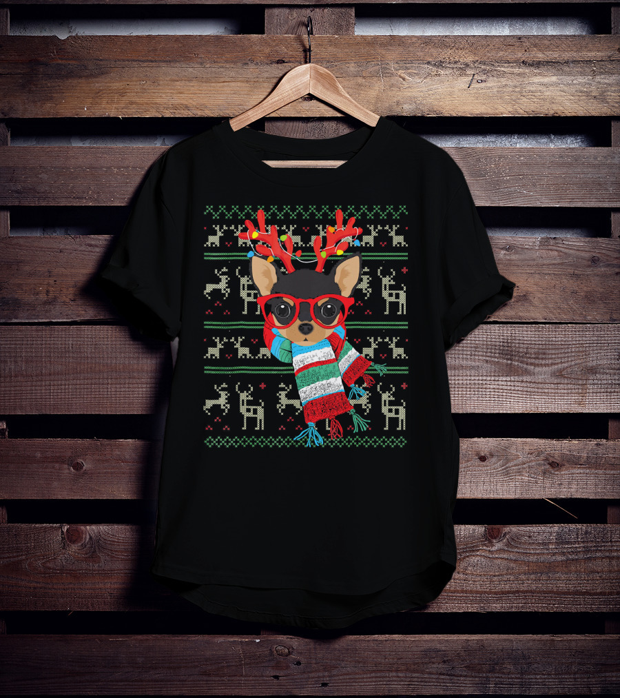 Dog Lover Chihuahua With Glasses And Reindeer Antlers In Festive Scarf T-Shirt