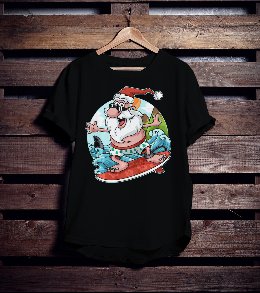 Surfing Santa Riding Waves Christmas In July Tropical Fun T-Shirt