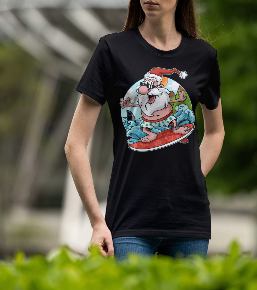 Surfing Santa Riding Waves Christmas In July Tropical Fun T-Shirt