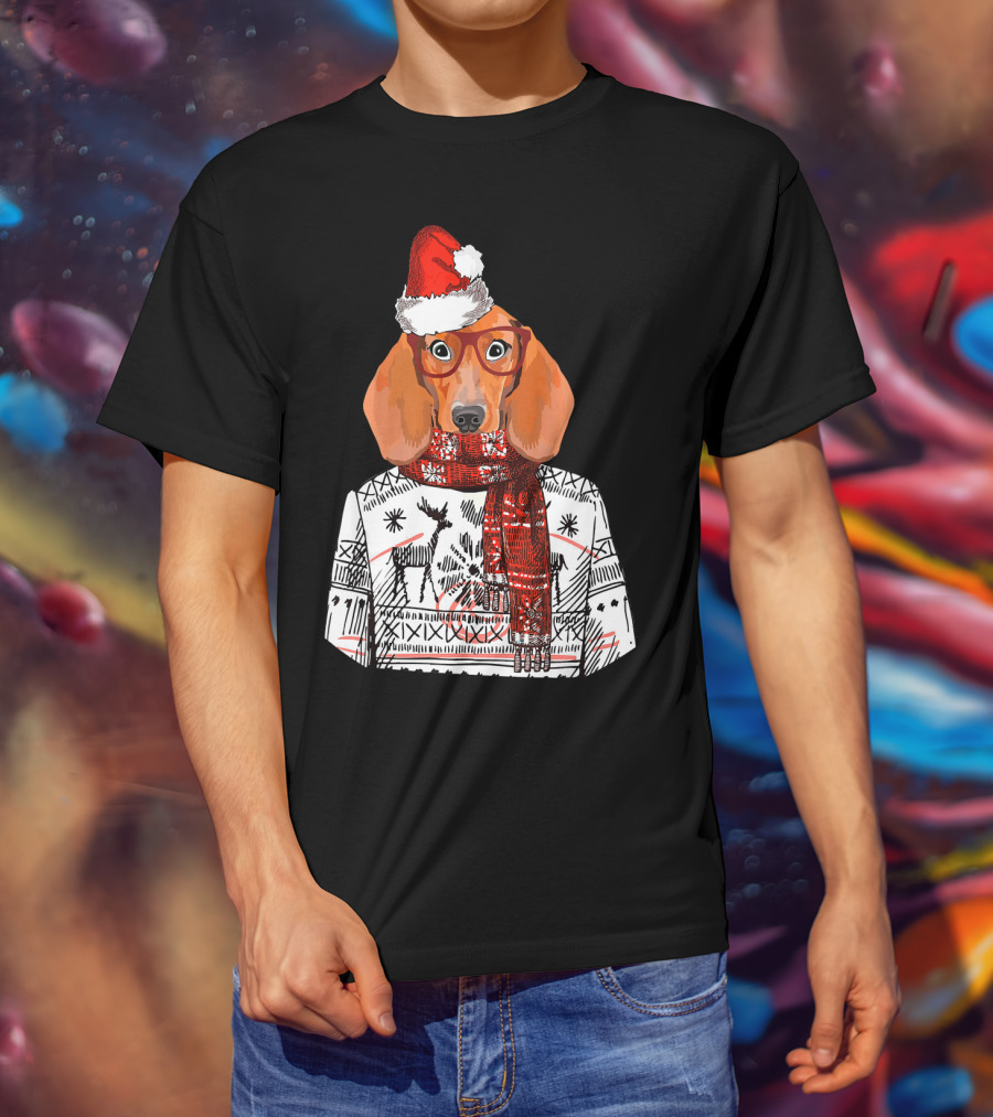 Dachshund Dog Santa Hat Funny Merry Christmas T-Shirt