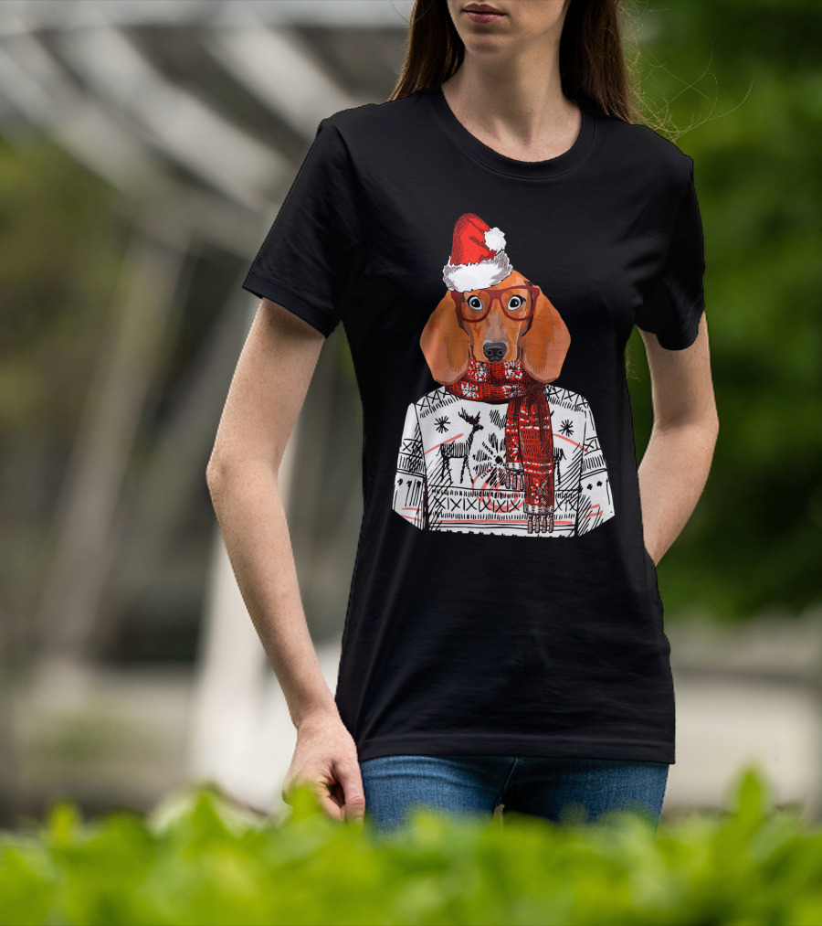 Dachshund Dog Santa Hat Funny Merry Christmas T-Shirt