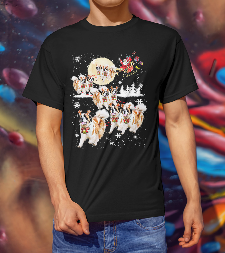 St Bernard Reindeer Christmas Santa Sleigh Nice Dog T-Shirt