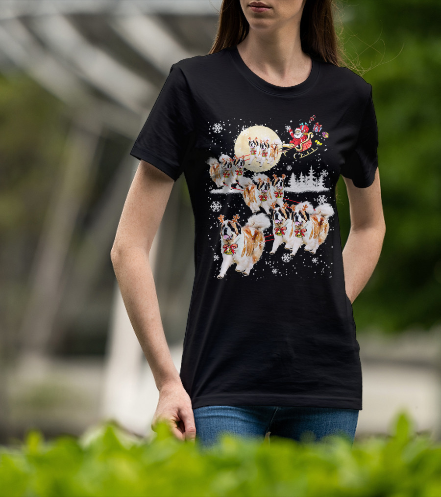 St Bernard Reindeer Christmas Santa Sleigh Nice Dog T-Shirt