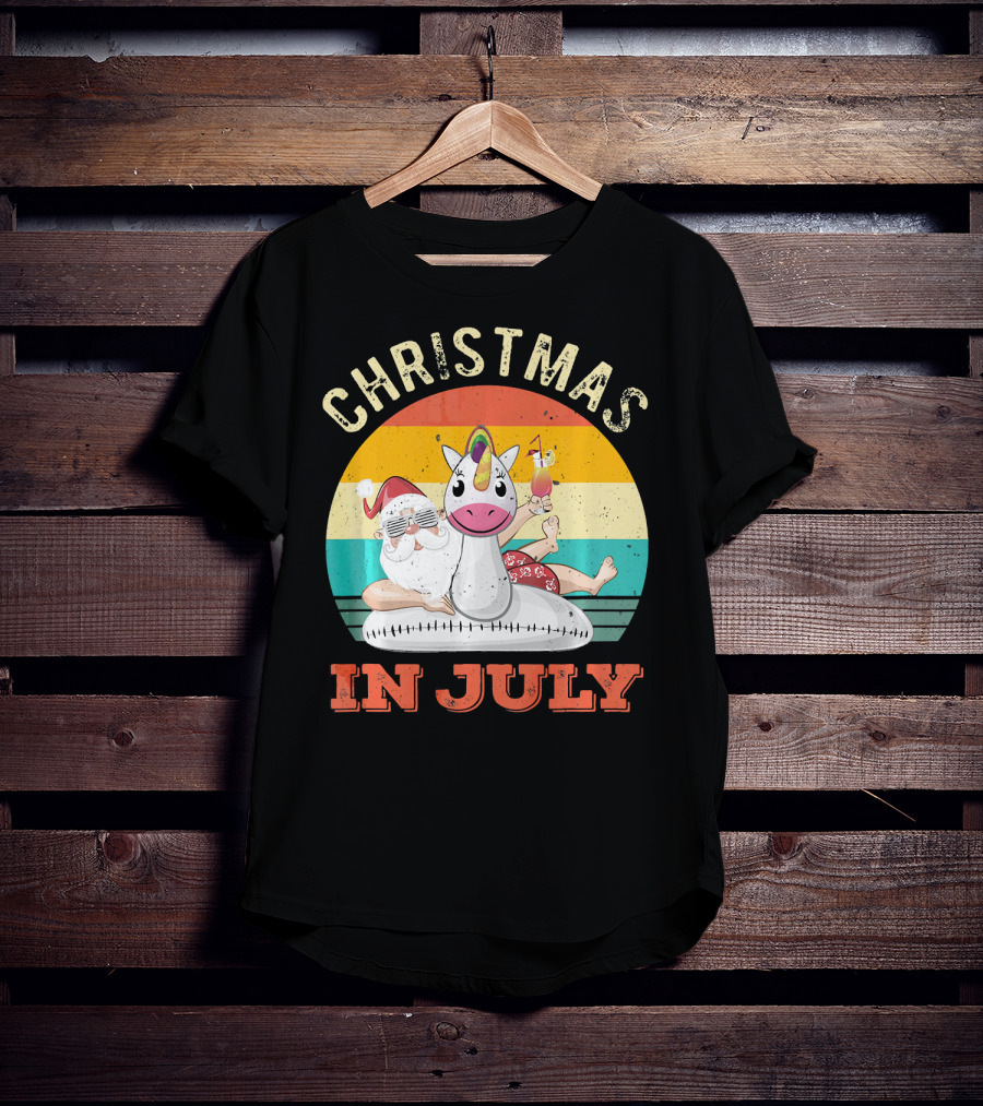 Christmas In July Vintage Santa With Inflatable Unicorn And Drink T-Shirt