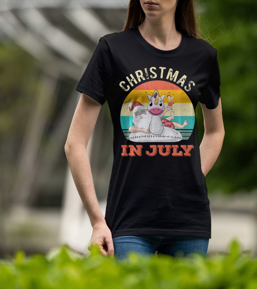 Christmas In July Vintage Santa With Inflatable Unicorn And Drink T-Shirt