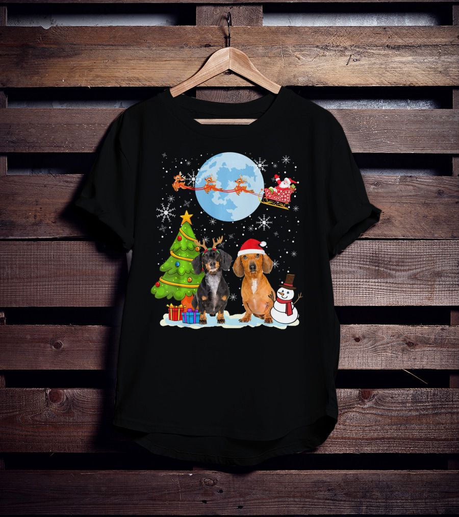 Funny Dachshund Christmas Santa Moon Reindeers Tree Snowman T-Shirt
