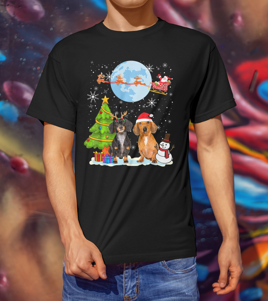 Funny Dachshund Christmas Santa Moon Reindeers Tree Snowman T-Shirt
