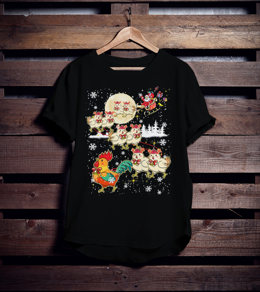Chicken Reindeer Christmas Santa Sleigh With Snowflakes And Nice Chicken T-Shirt