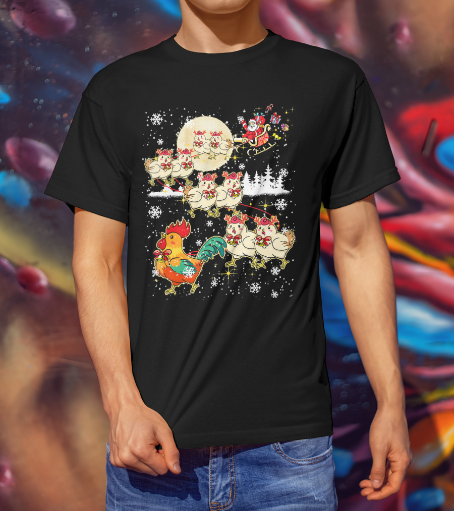 Chicken Reindeer Christmas Santa Sleigh With Snowflakes And Nice Chicken T-Shirt