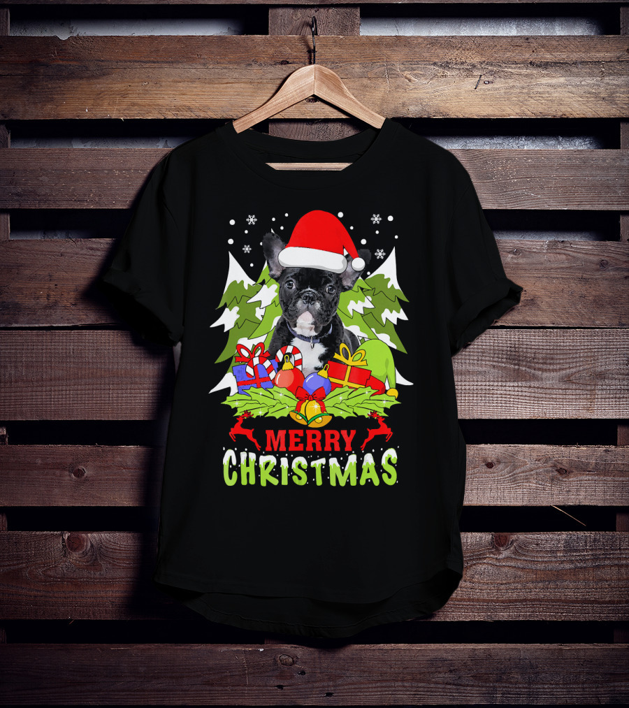 Merry Christmas French Bulldog Santa Hat Gifts Snowflakes T-Shirt