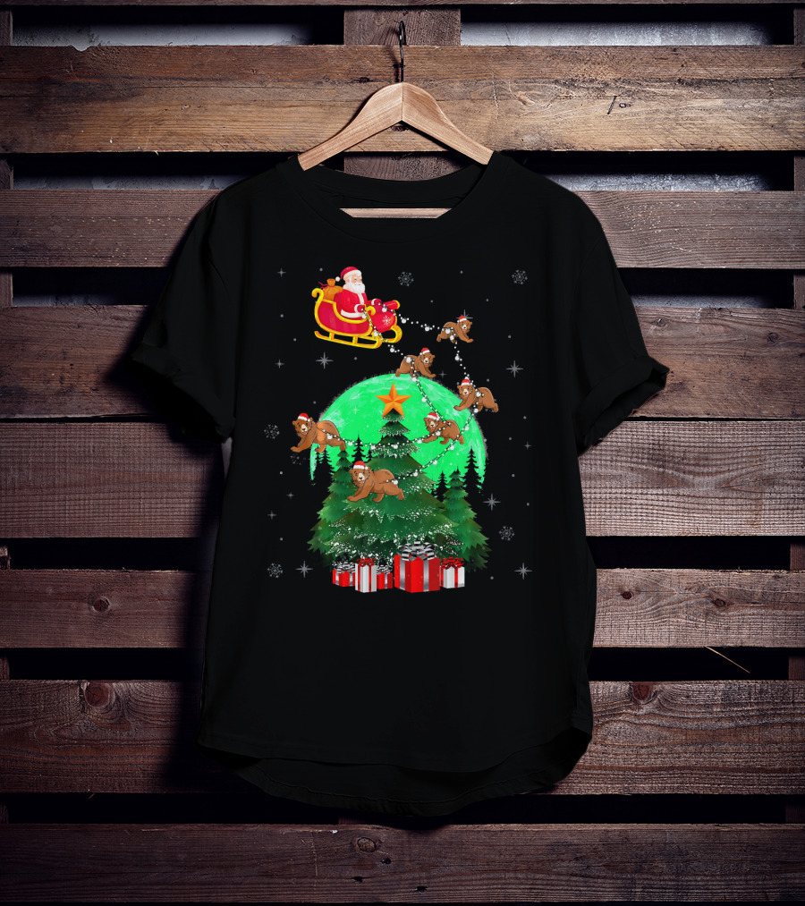 Santa Claus With Bears And Sleigh Over Christmas Tree And Presents T-Shirt
