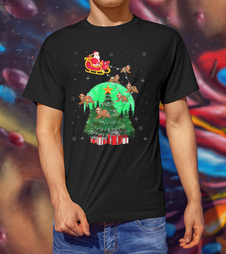 Santa Claus With Bears And Sleigh Over Christmas Tree And Presents T-Shirt