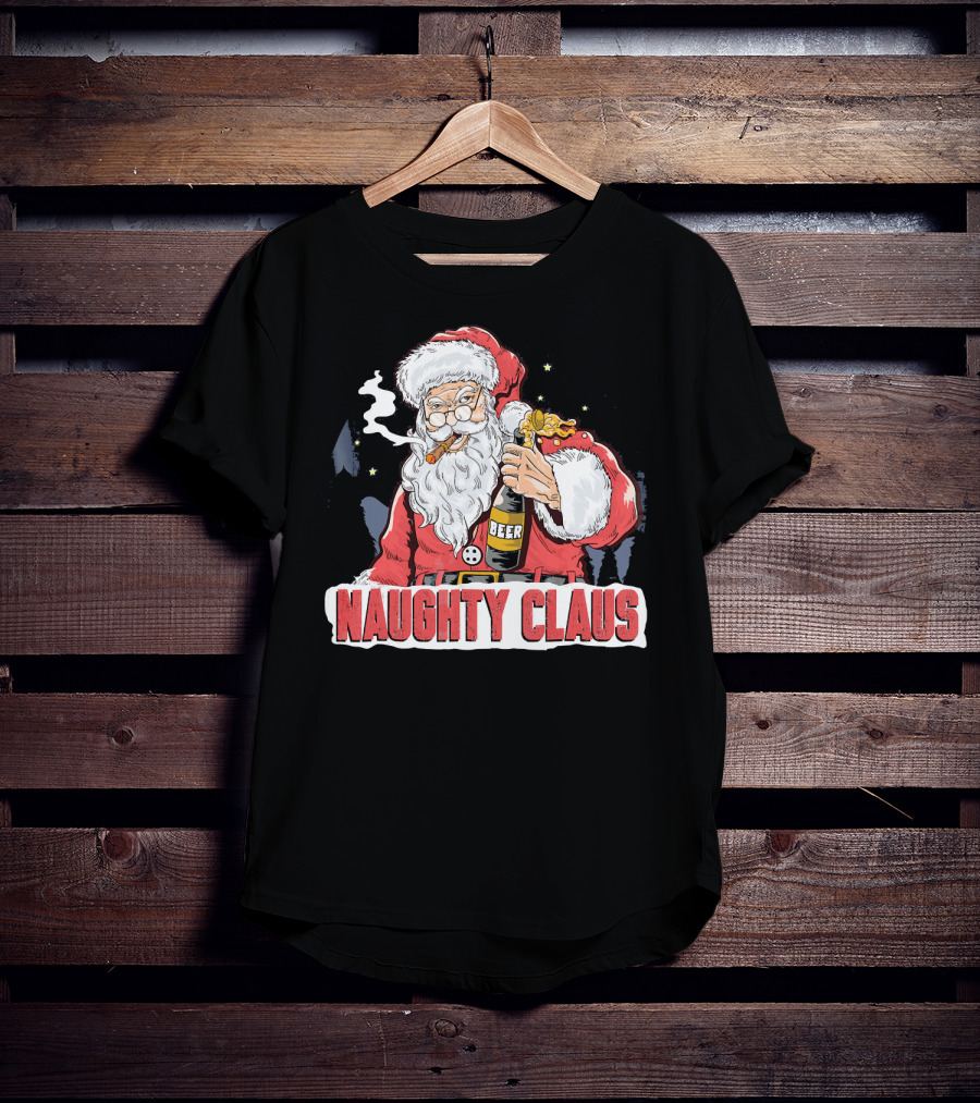 Naughty Claus Santa With Beer Funny Humor XMAS T-Shirt