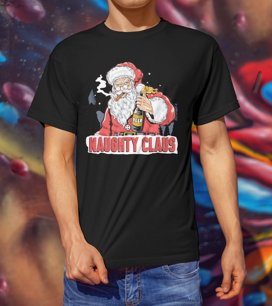 Naughty Claus Santa With Beer Funny Humor XMAS T-Shirt