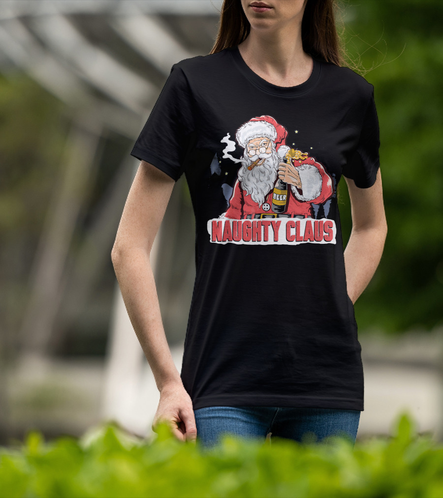 Naughty Claus Santa With Beer Funny Humor XMAS T-Shirt