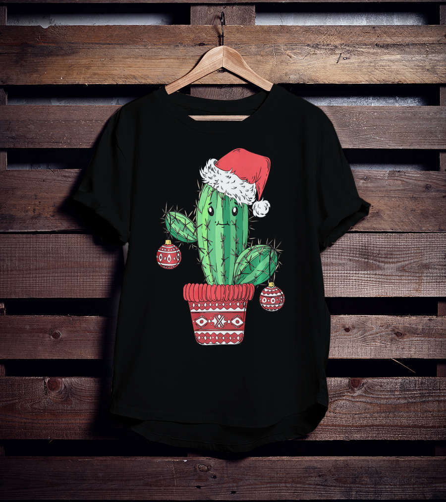 Cactus Christmas Tree Santa Hat Festive Ornaments T-Shirt