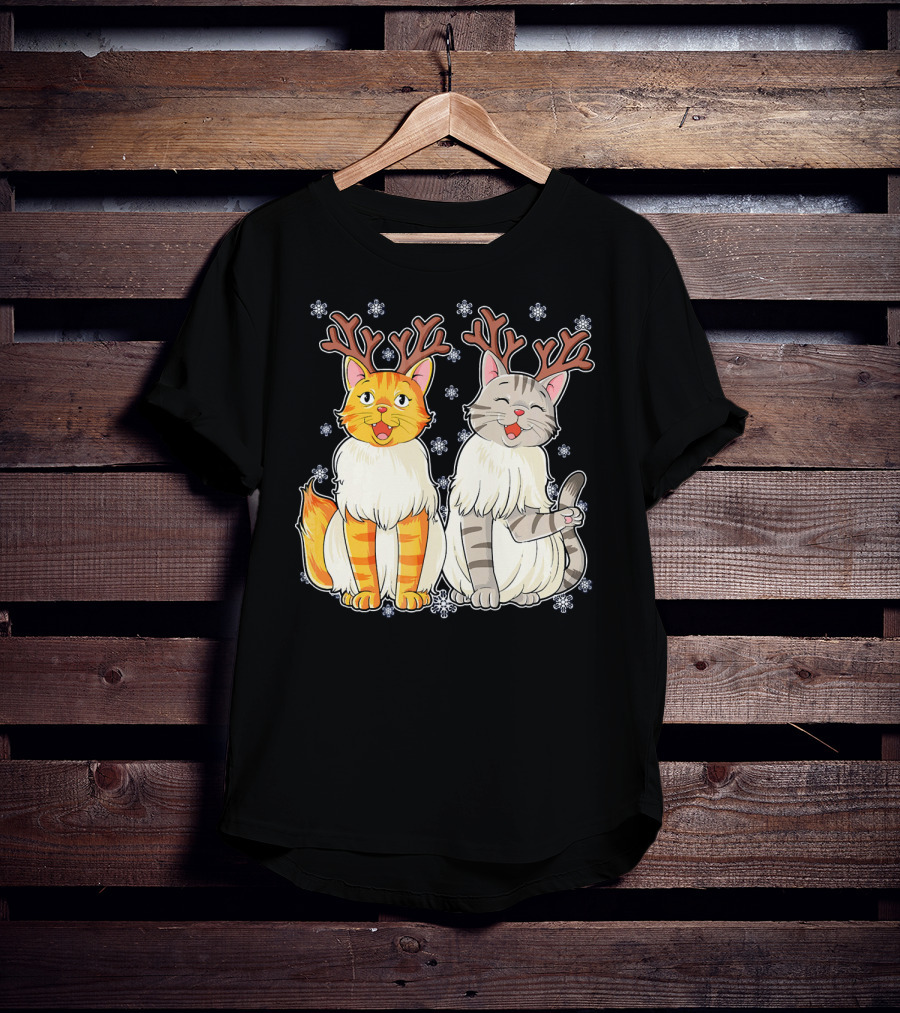Funny Christmas Cat Reindeer With Snowflakes T-Shirt