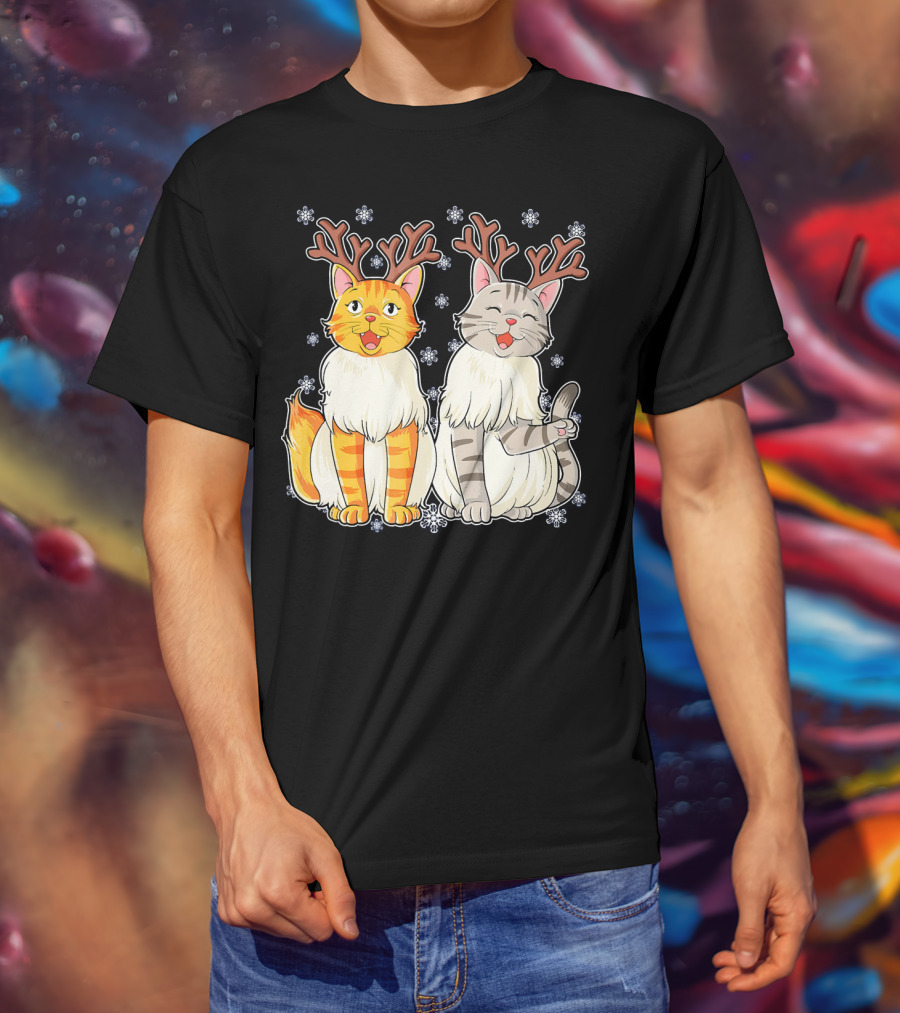 Funny Christmas Cat Reindeer With Snowflakes T-Shirt