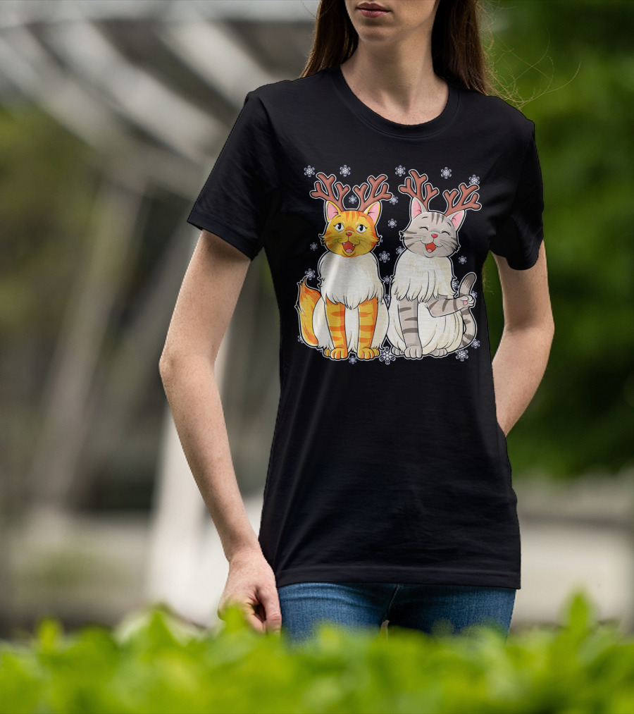 Funny Christmas Cat Reindeer With Snowflakes T-Shirt