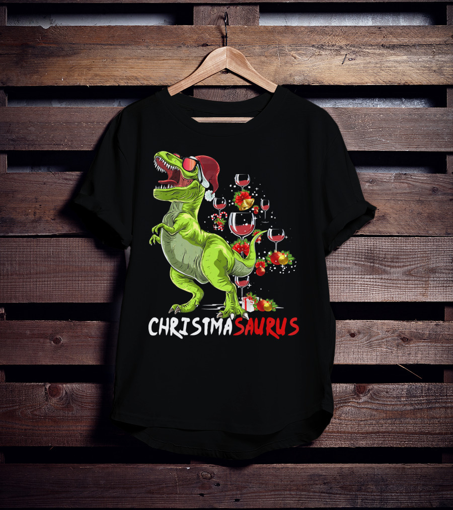 Christmasaurus T-Rex Santa Hat Wine Ornaments T-Shirt