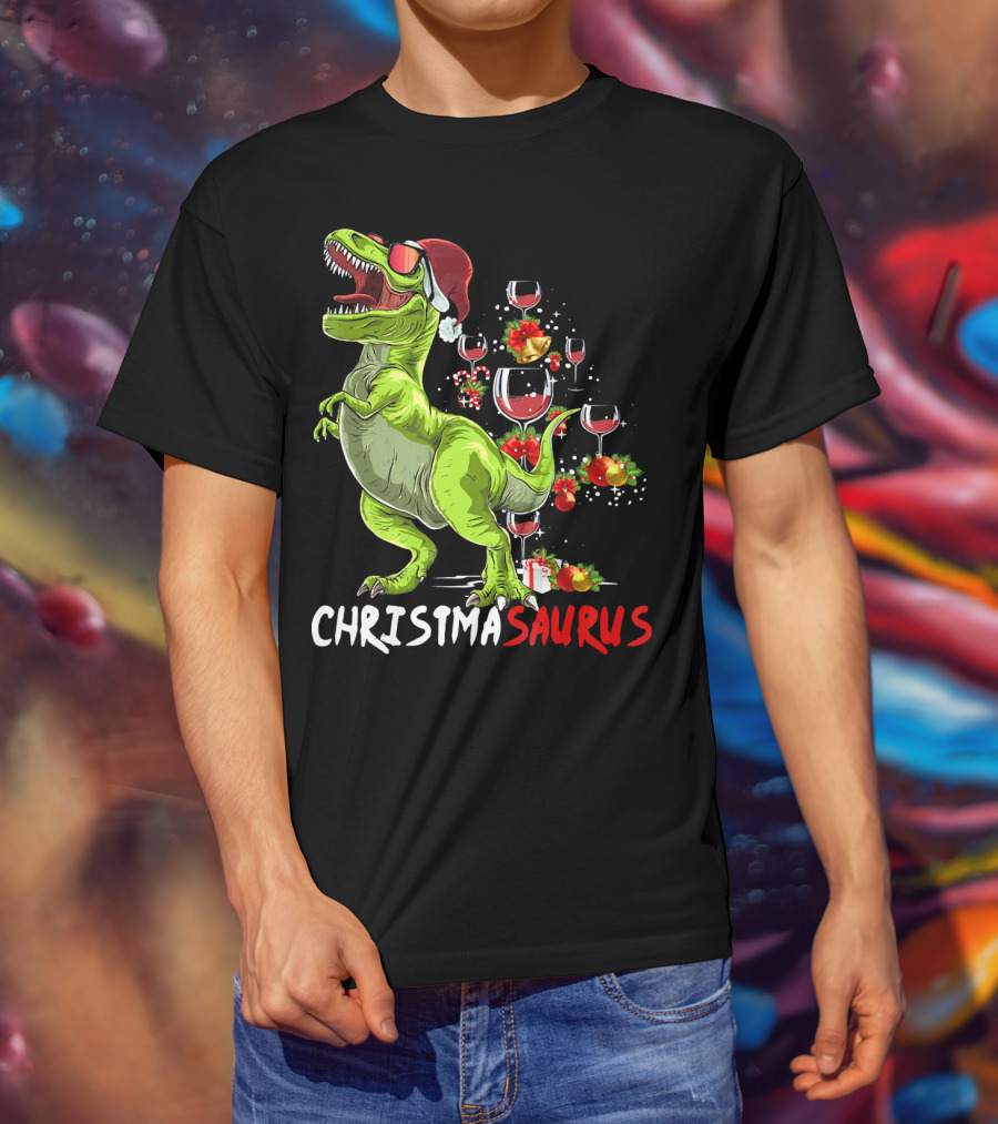 Christmasaurus T-Rex Santa Hat Wine Ornaments T-Shirt