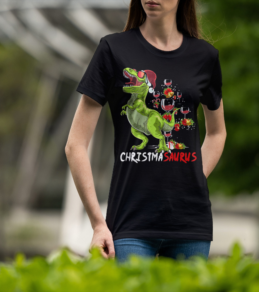 Christmasaurus T-Rex Santa Hat Wine Ornaments T-Shirt