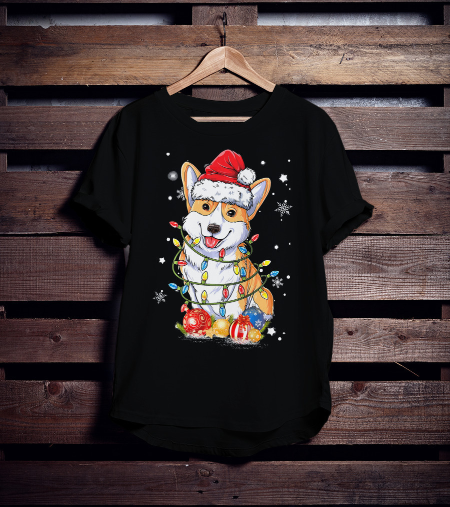 Merry Corgmas Xmas Tree Santa Corgi Wrapped In Christmas Lights And Ornaments T-Shirt