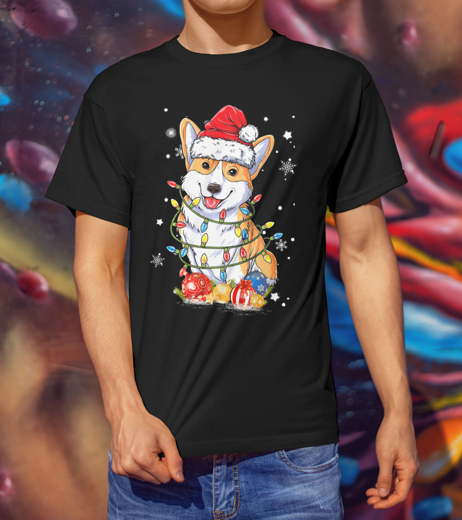 Merry Corgmas Xmas Tree Santa Corgi Wrapped In Christmas Lights And Ornaments T-Shirt