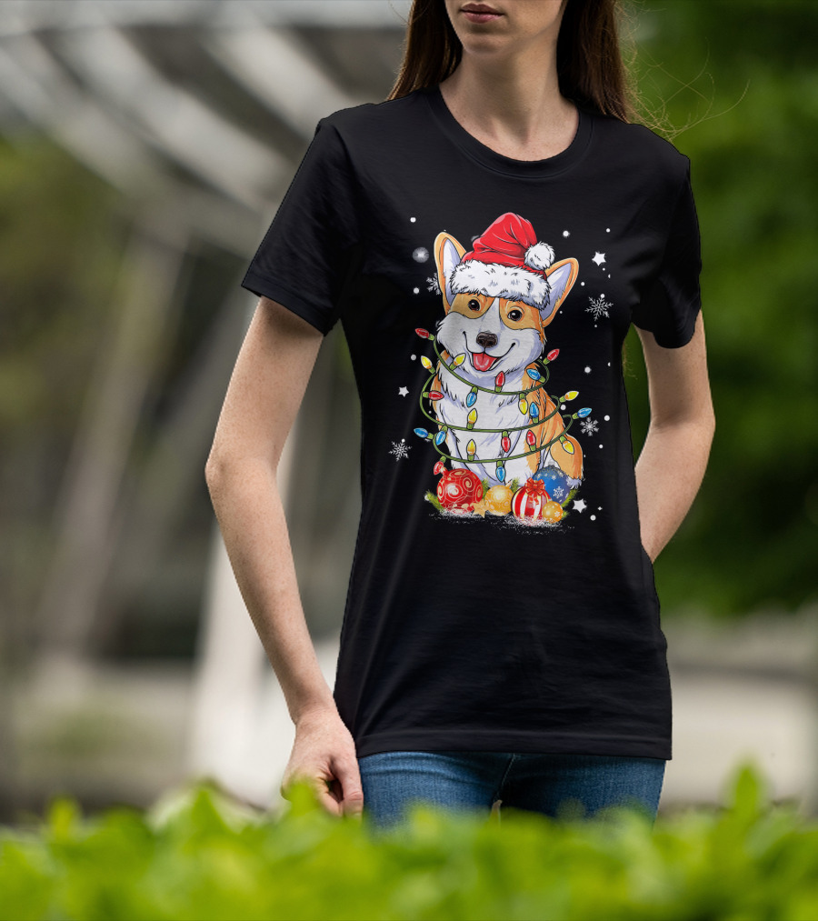 Merry Corgmas Xmas Tree Santa Corgi Wrapped In Christmas Lights And Ornaments T-Shirt