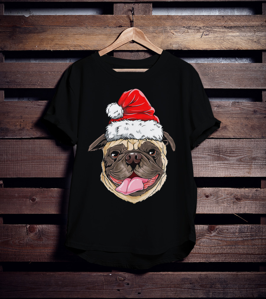 Pug Santa Christmas Hat Joyful Expression T-Shirt