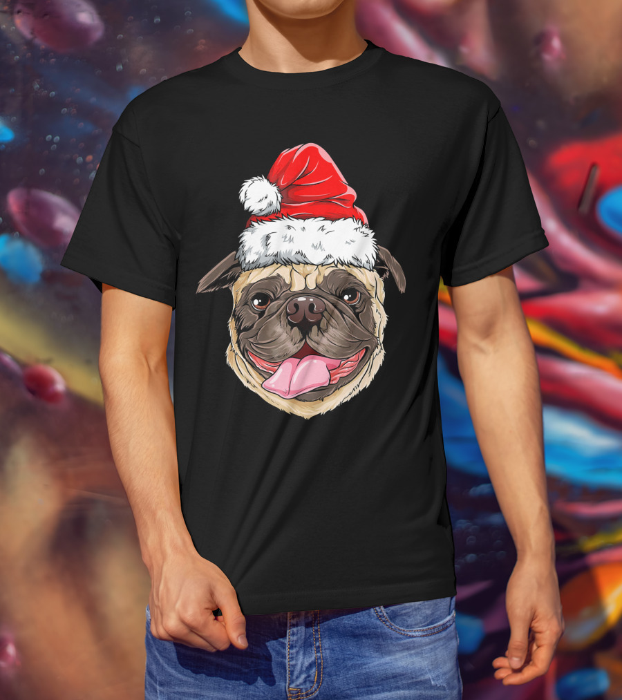 Pug Santa Christmas Hat Joyful Expression T-Shirt