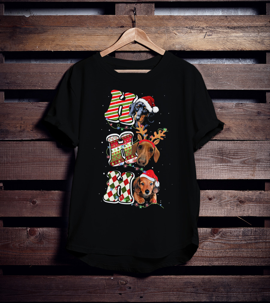 Dachshund Ho Ho Ho Christmas Reindeer Lights Santa Hat T-Shirt