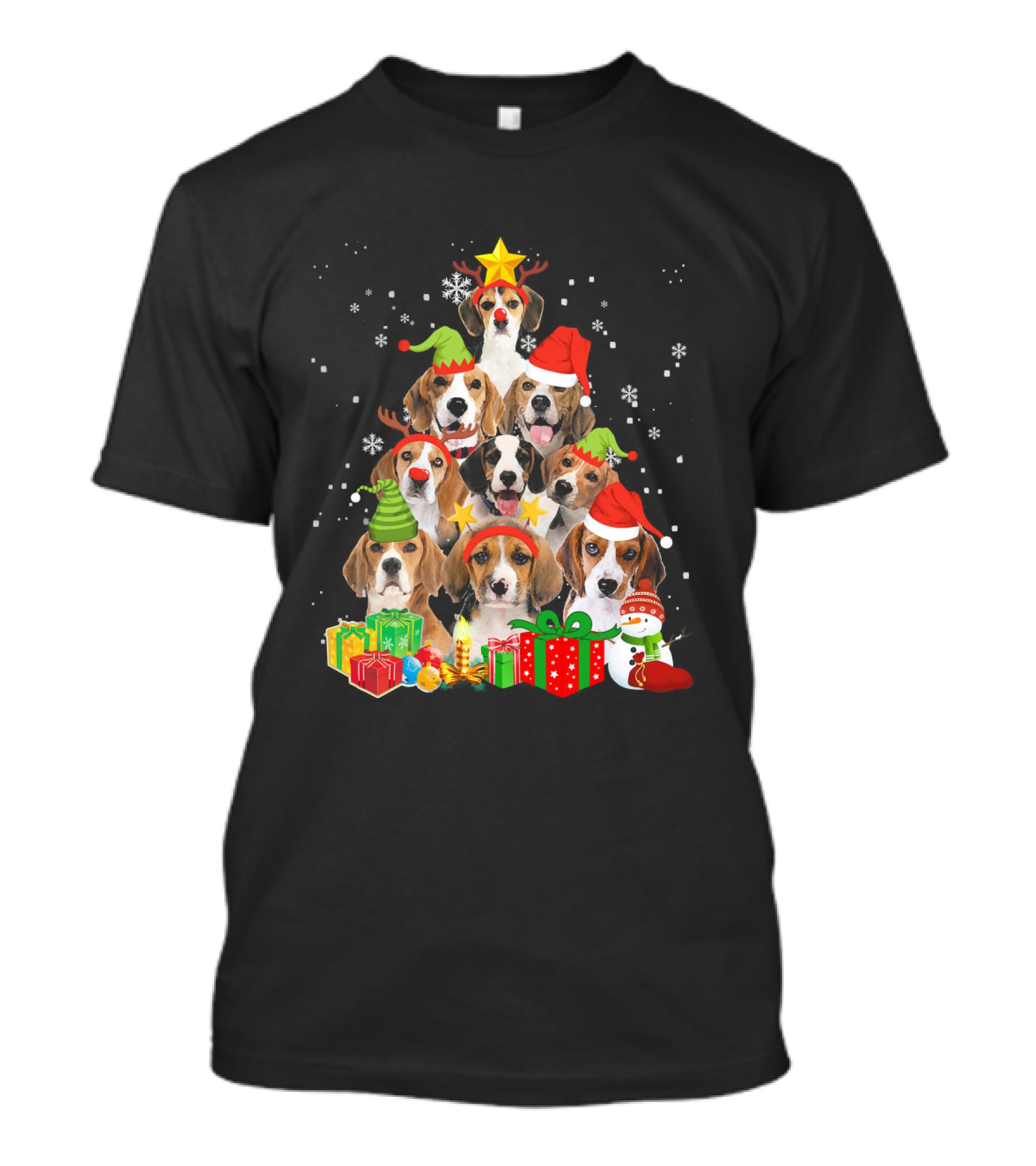 Funny Beagle Christmas Tree Santa Hats Presents Snowman T-Shirt