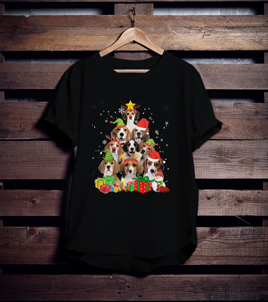Funny Beagle Christmas Tree Santa Hats Presents Snowman T-Shirt