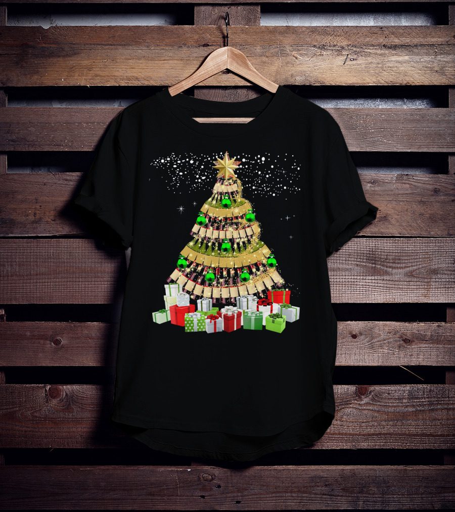 Wine Bottles Christmas Tree With Gifts Snowflakes And Ornaments T-Shirt