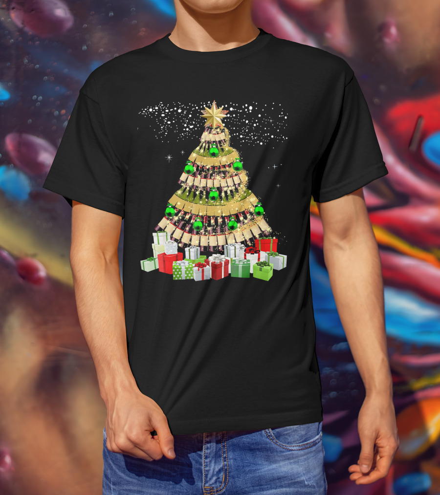 Wine Bottles Christmas Tree With Gifts Snowflakes And Ornaments T-Shirt