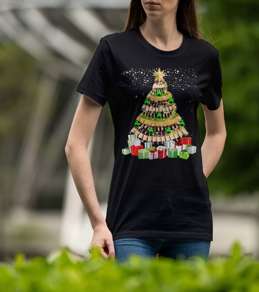 Wine Bottles Christmas Tree With Gifts Snowflakes And Ornaments T-Shirt