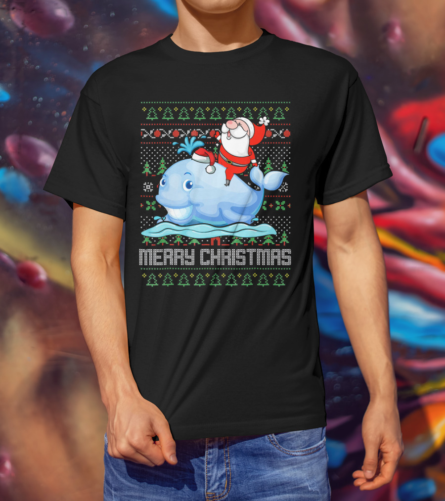 Merry Christmas Funny Santa Claus Riding Whale Holiday T-Shirt