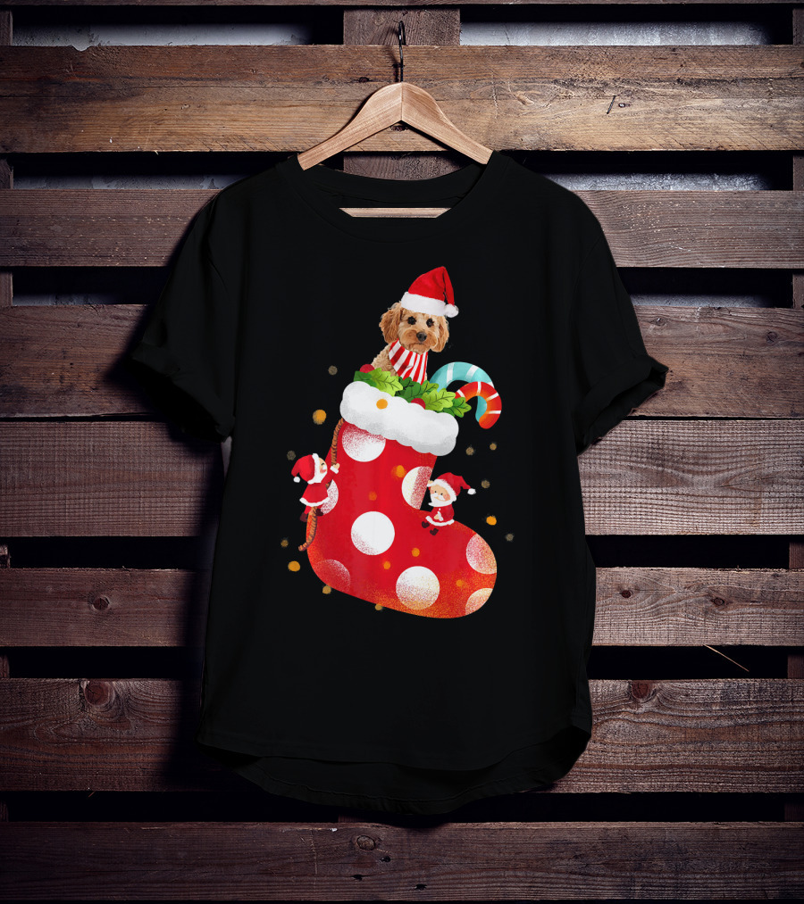 Christmas Cockapoo Dog In Santa Hat With Red Stocking And Candy Cane T-Shirt