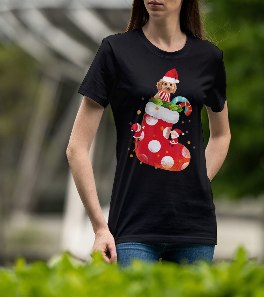 Christmas Cockapoo Dog In Santa Hat With Red Stocking And Candy Cane T-Shirt