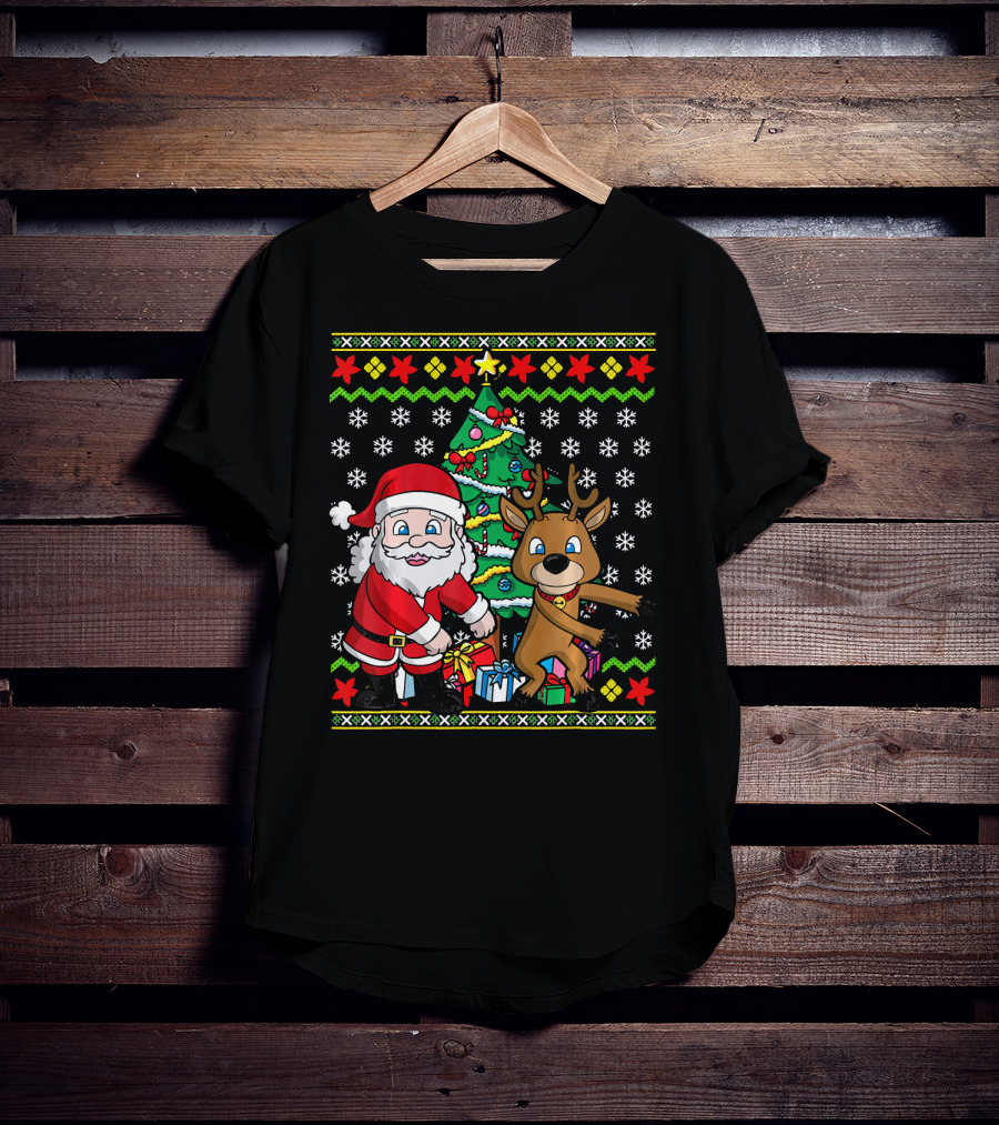 Ugly Christmas Kids Flossing Santa Reindeer Dance With Presents And Tree T-Shirt