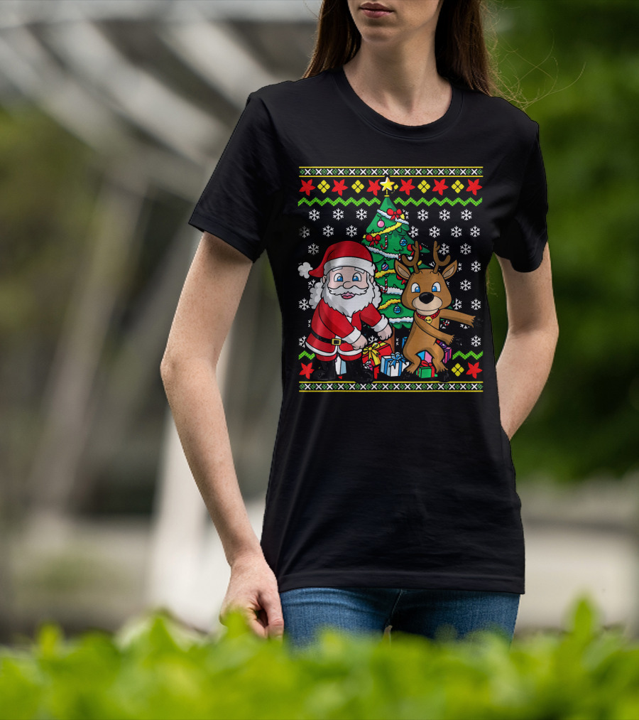 Ugly Christmas Kids Flossing Santa Reindeer Dance With Presents And Tree T-Shirt