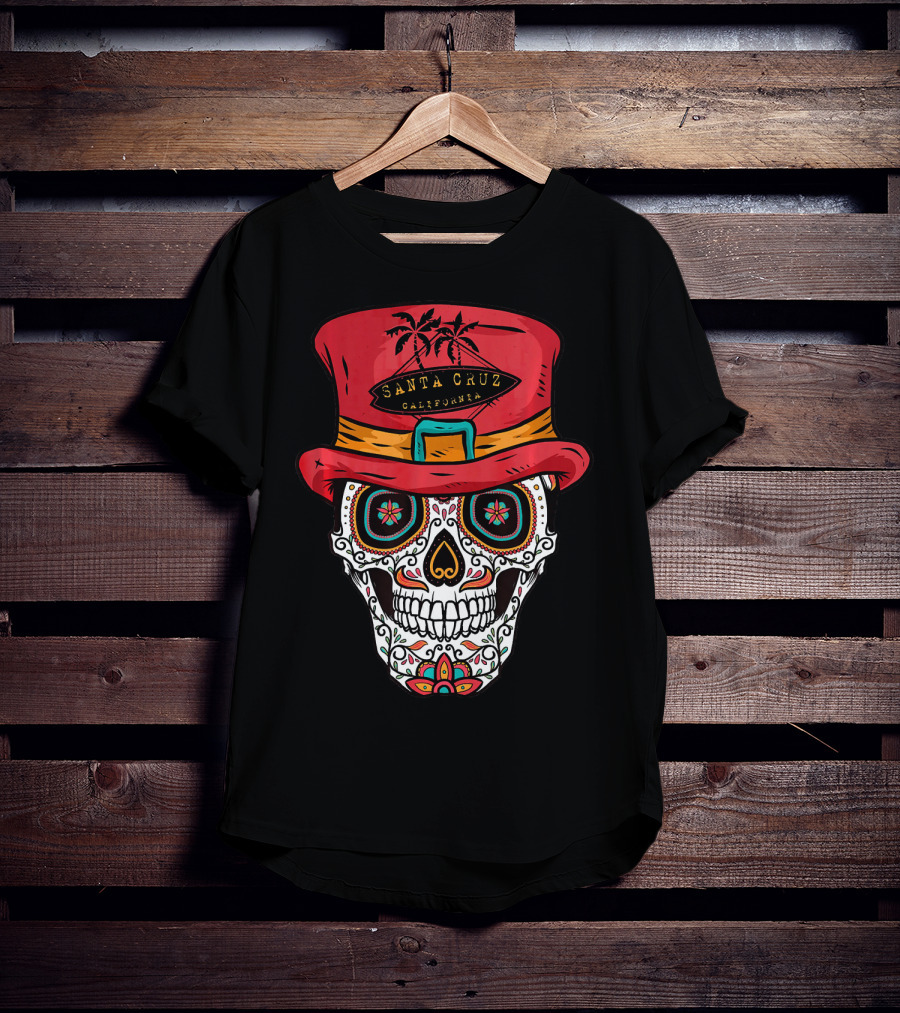Santa Cruz California Sugar Skull Souvenir With Red Hat And Tropical Palm Trees T-Shirt