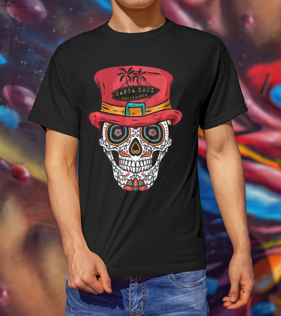 Santa Cruz California Sugar Skull Souvenir With Red Hat And Tropical Palm Trees T-Shirt