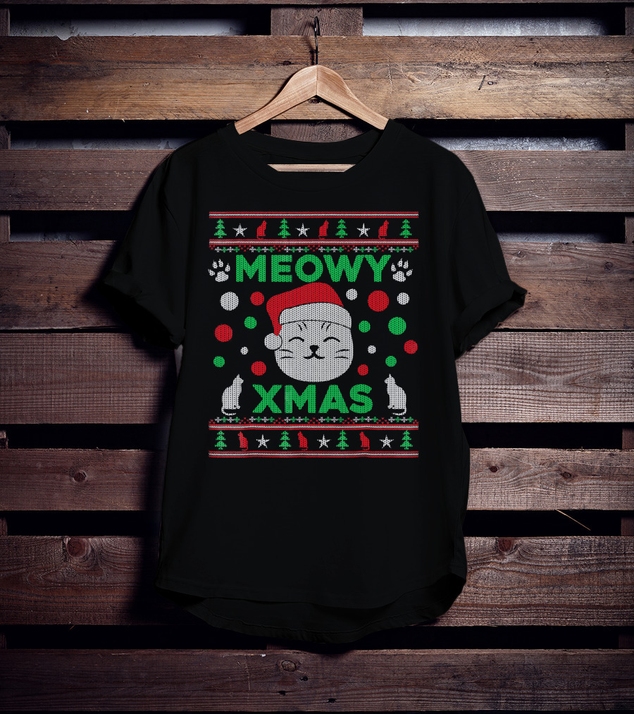 Meowy Xmas Ugly Christmas Santa Cat Paw Trees Stars T-Shirt