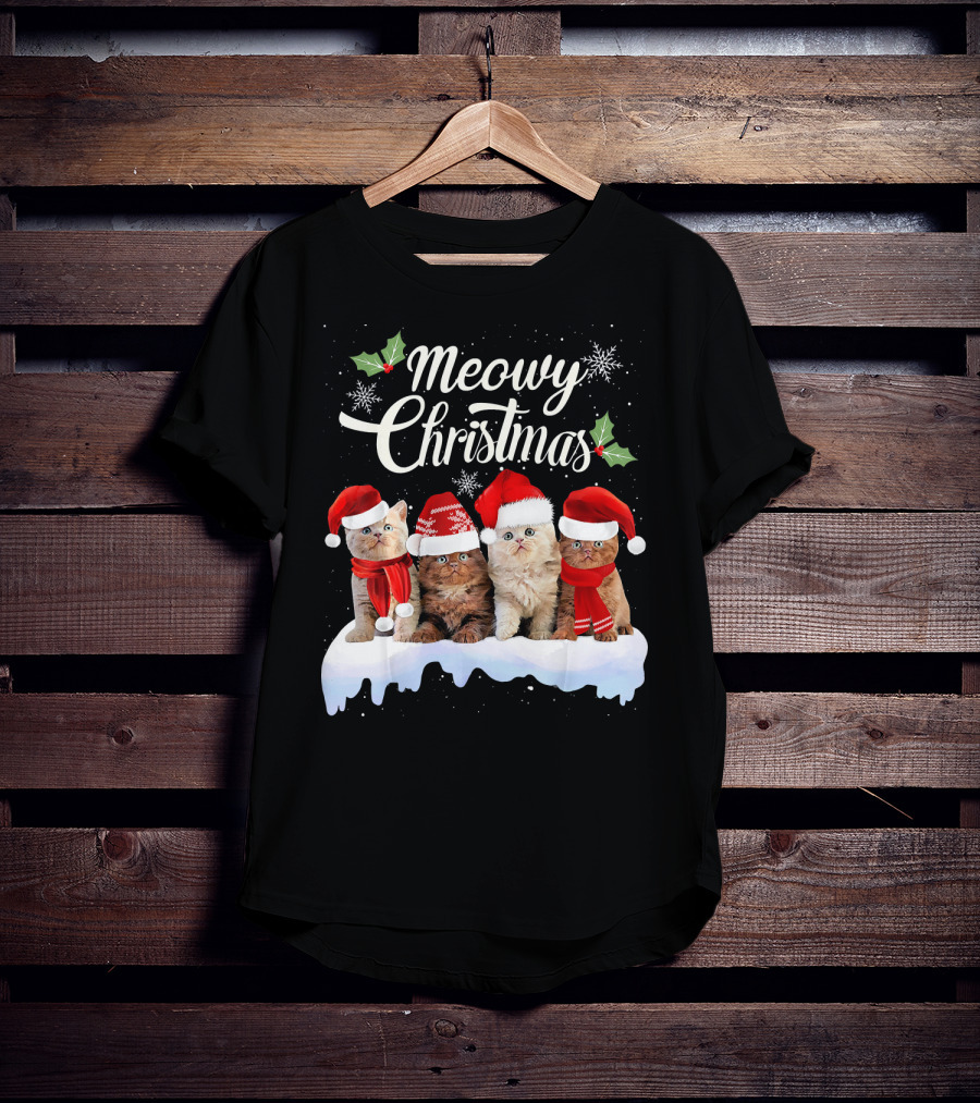 Meowy Christmas Kitten Cat Kitty Snowflake Santa Hat Holly T-Shirt
