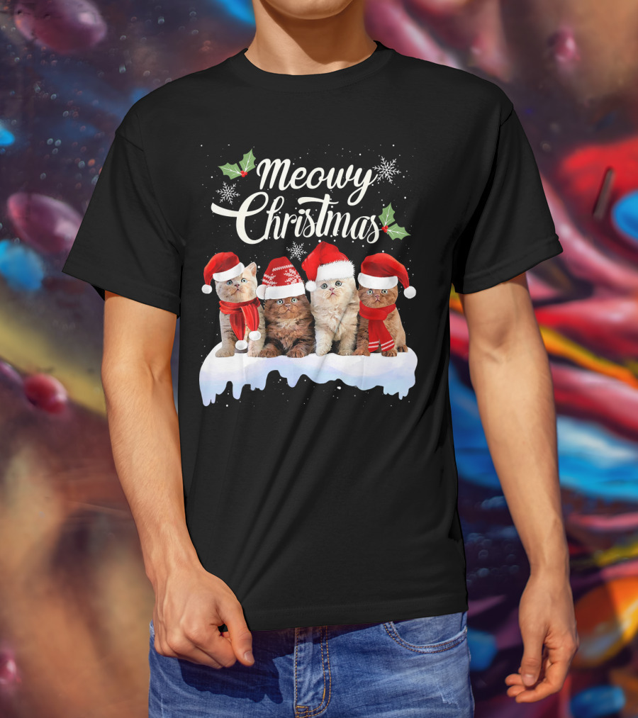 Meowy Christmas Kitten Cat Kitty Snowflake Santa Hat Holly T-Shirt
